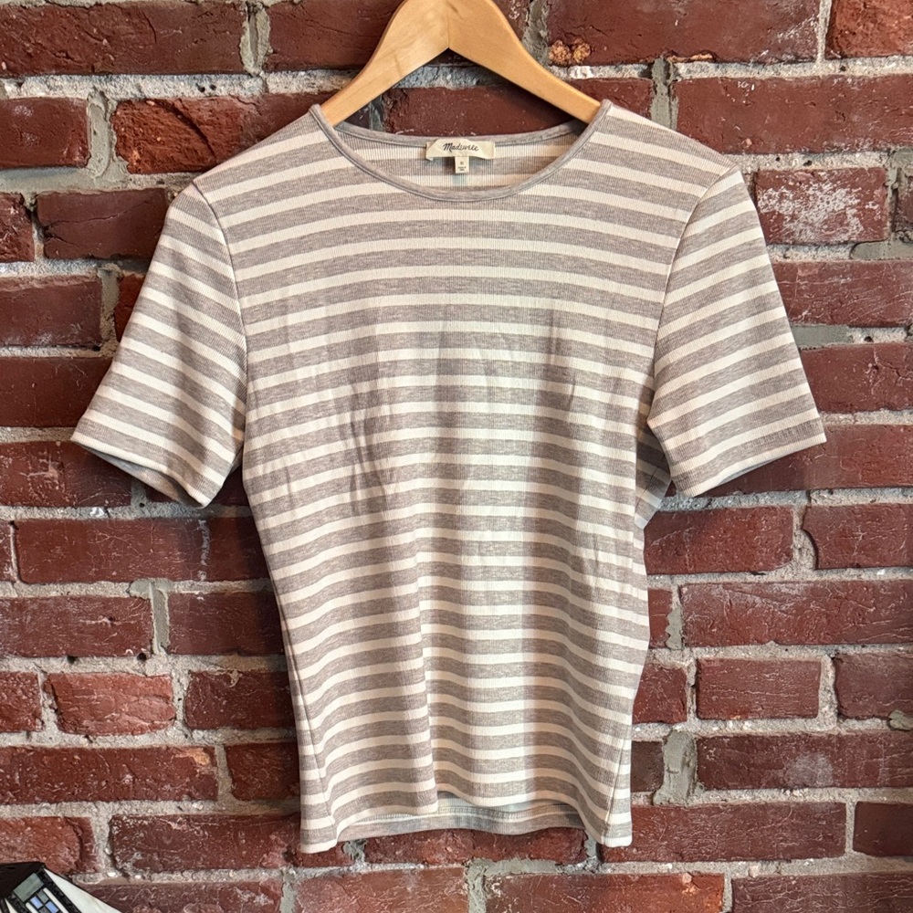 Madewell Women’s Beige & White Striped Crewneck Shirt